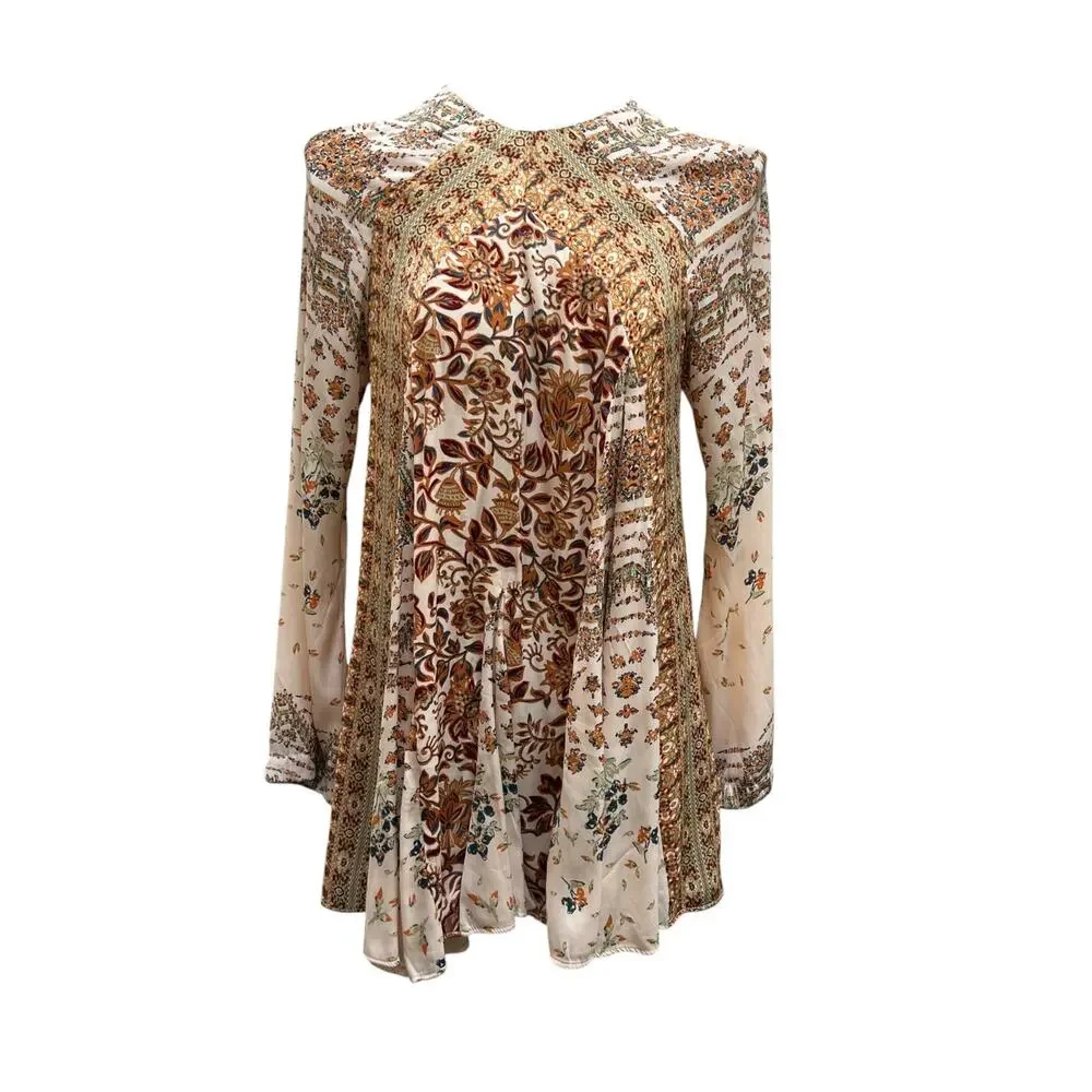 Free People XS Cream Orange Floral Boho Long Sleeve Swing Mini Dress Tunic